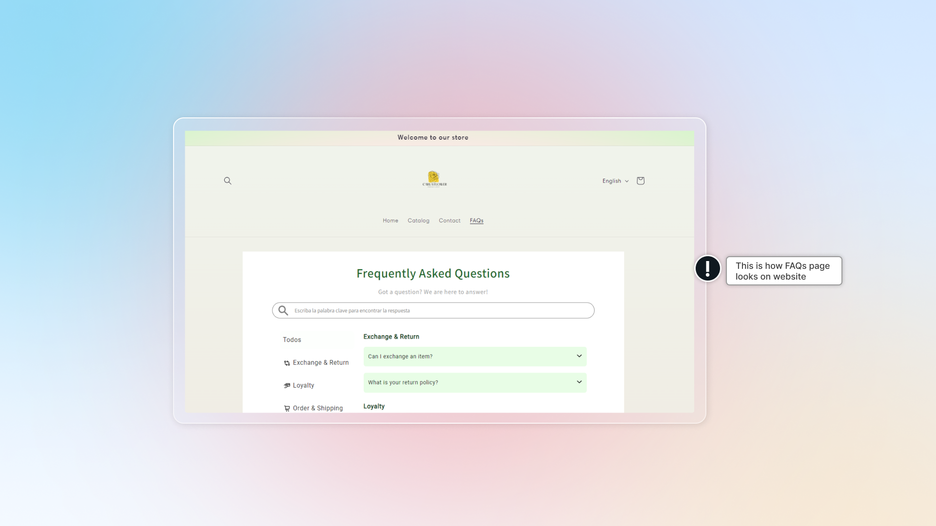 this is faqs page in chatty in menu looks